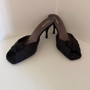 Prada Women's Black Satin Open Toe Mules With 3.5” Heel Size 8